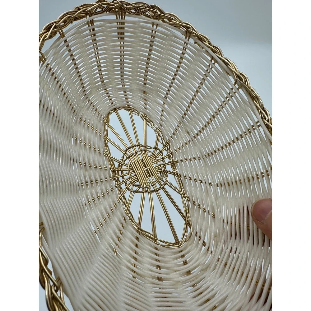 Vintage Oval Woven Wire Basket Hollywood Regency White Gold 9.5 inch